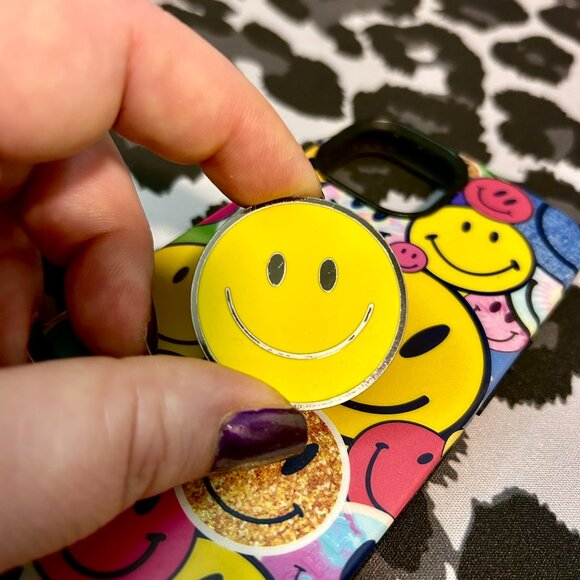 iPhone 14 Casely Smiley Stickers Case and Enamel Popsocket Yellow Smiley Face - Picture 4 of 13